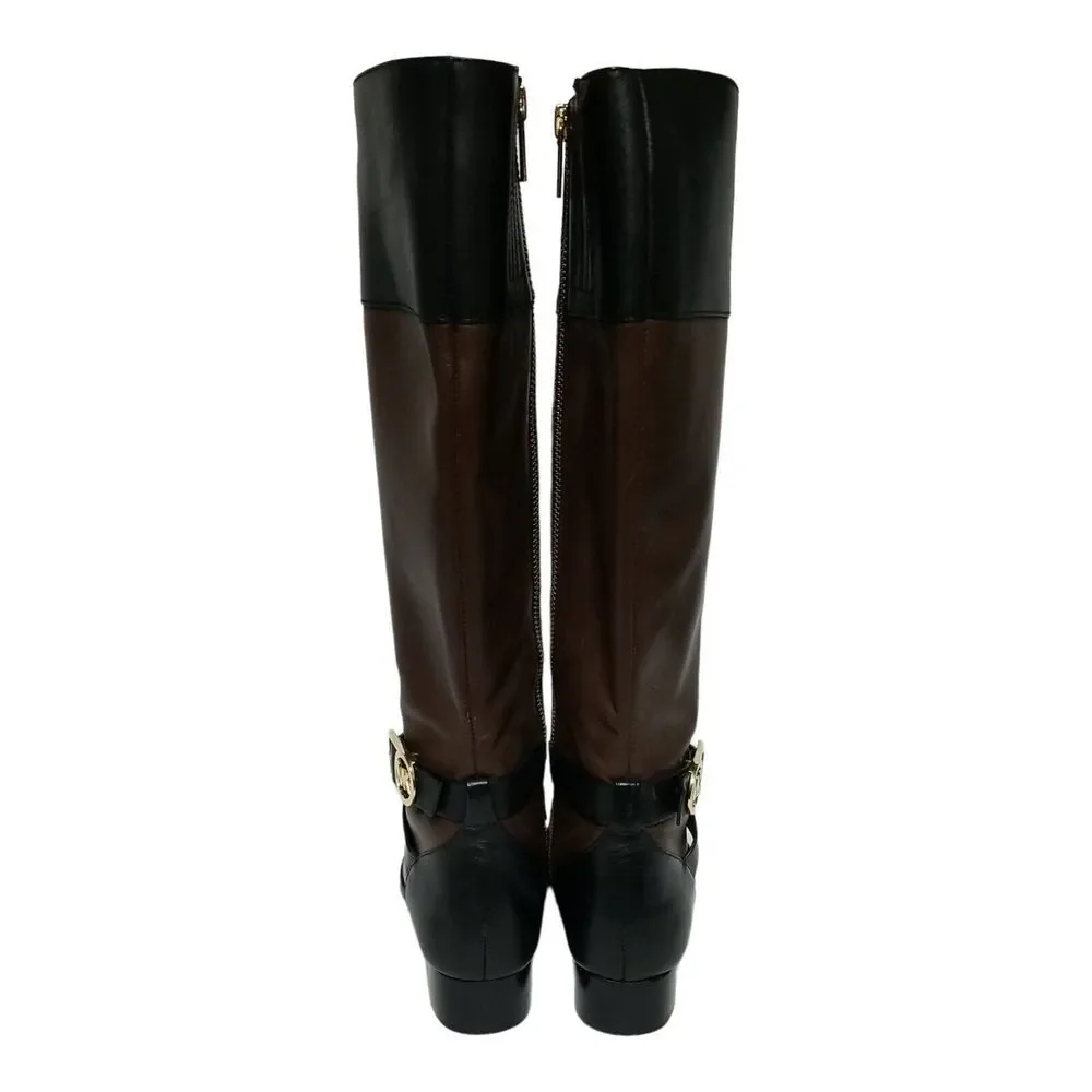 MICHAEL KORS Tall Fulton Black Brown Leather Harness Knee High Boots Women 5.5 M